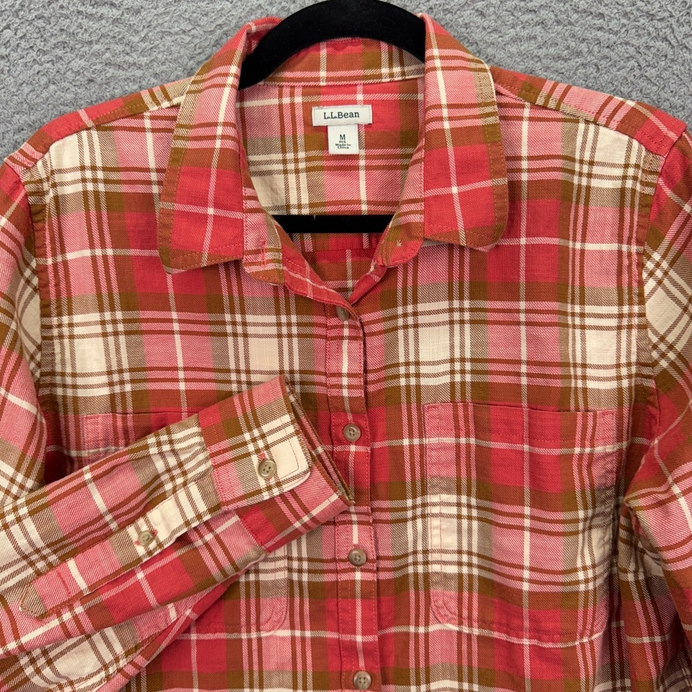 LL Bean Top Women M Red Scotch Plaid Button Shirt Outdoor Ranch Cowgirl Country